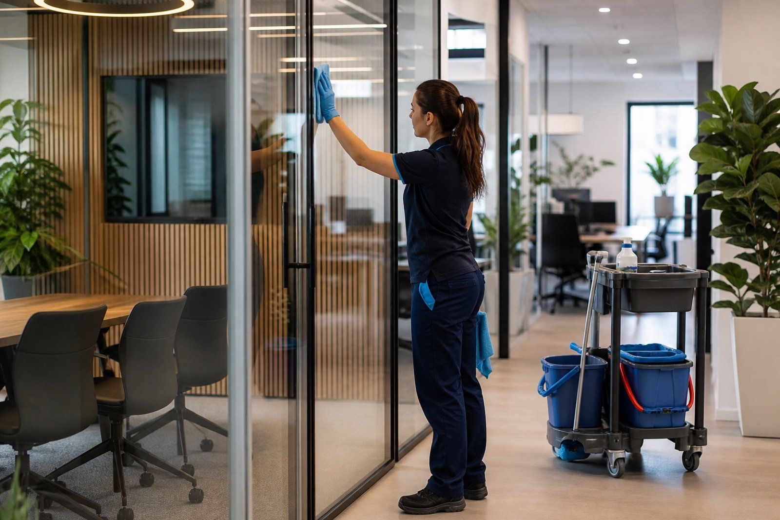 Professional cleaner wiping a glass wall in a modern office
