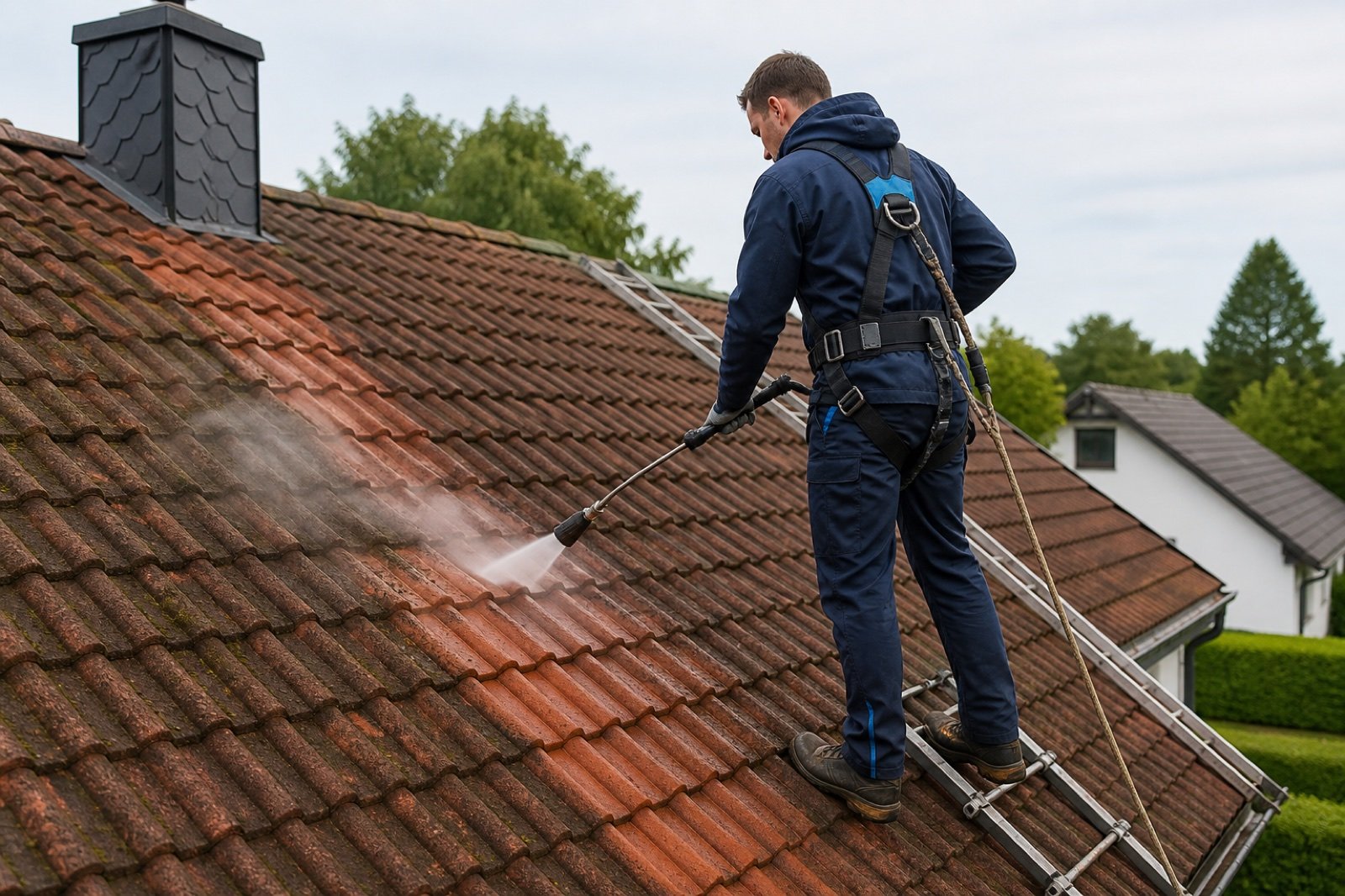 Professional roof cleaner working on a residential property in NRW